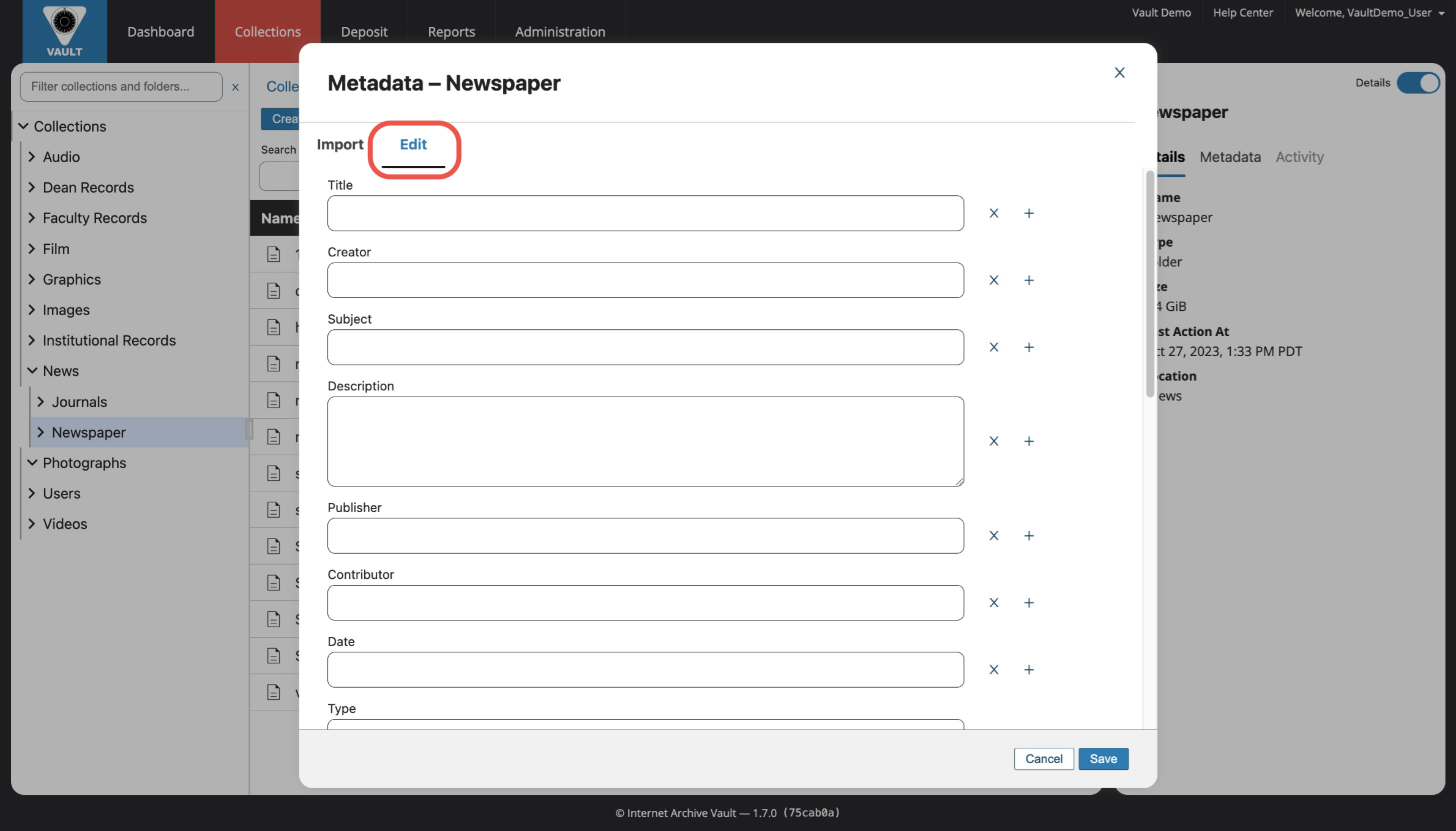 Managing Metadata Vault Support