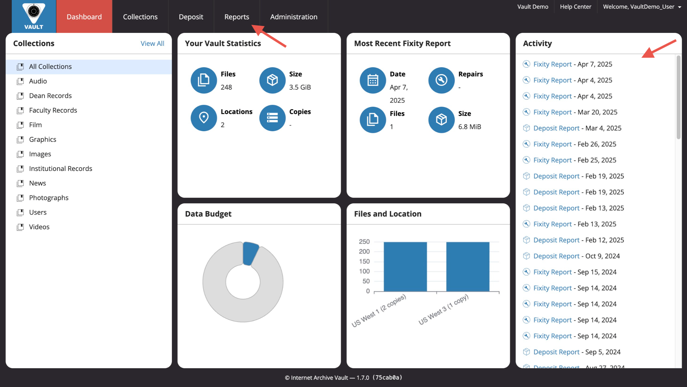 Vault_Reports_Dashboard w Arrows to Report Page Access Points.png