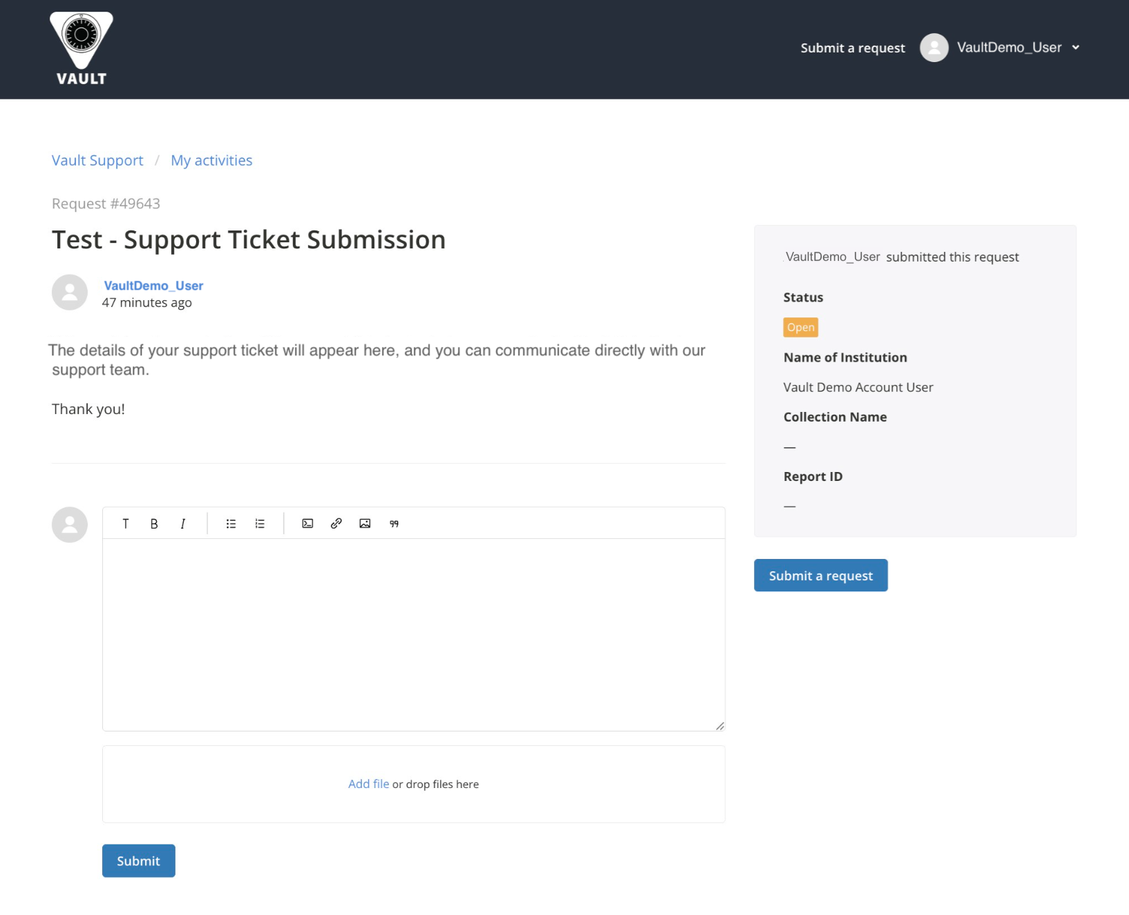 Vault Help Center_User Logged In_Viewing Submitted Ticket Details Screen.png