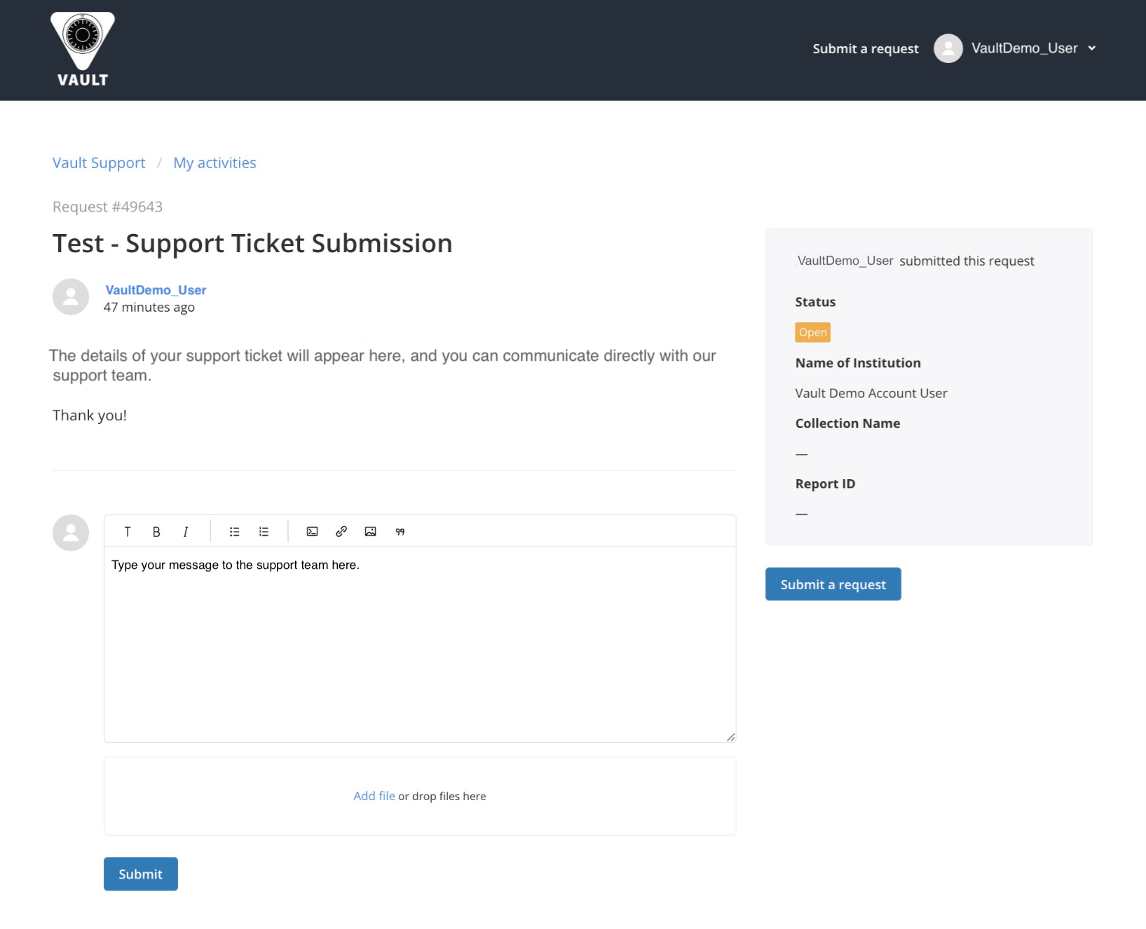 Vault Help Center_User Logged In_Viewing Submitted Ticket Details Screen.png